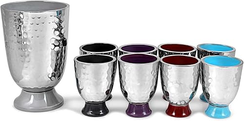 Miniatura 4 de Elegant Display Kidush Cup Juego de fuente de vino  Metal martillado con detalles de esmalte  Copa grande, 8 tazas de chupito para Shabat, Pascua,