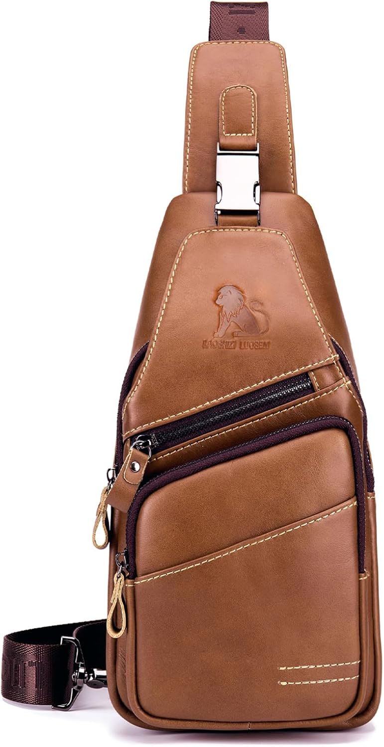 pundarika Leather Sling Bag for Men - Crossbody, Casual Shoulder Bag. Multi-Functional Chest Bag, Travel & Hiking Backpack - Brown