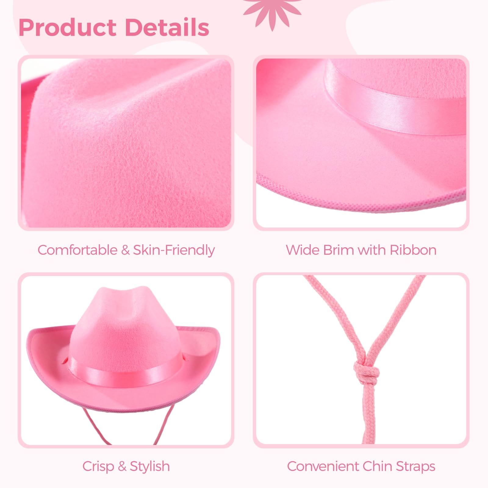 Generisch 6 Stk. rosa Filz-Cowgirl-Hüte im Set für Kinder und Jugendliche, Western-Hüte mit praktischen Kinnbändern, Satinrand-Deko, für Partys, Geburtstage, Feiertage und Kostümveranstaltungen