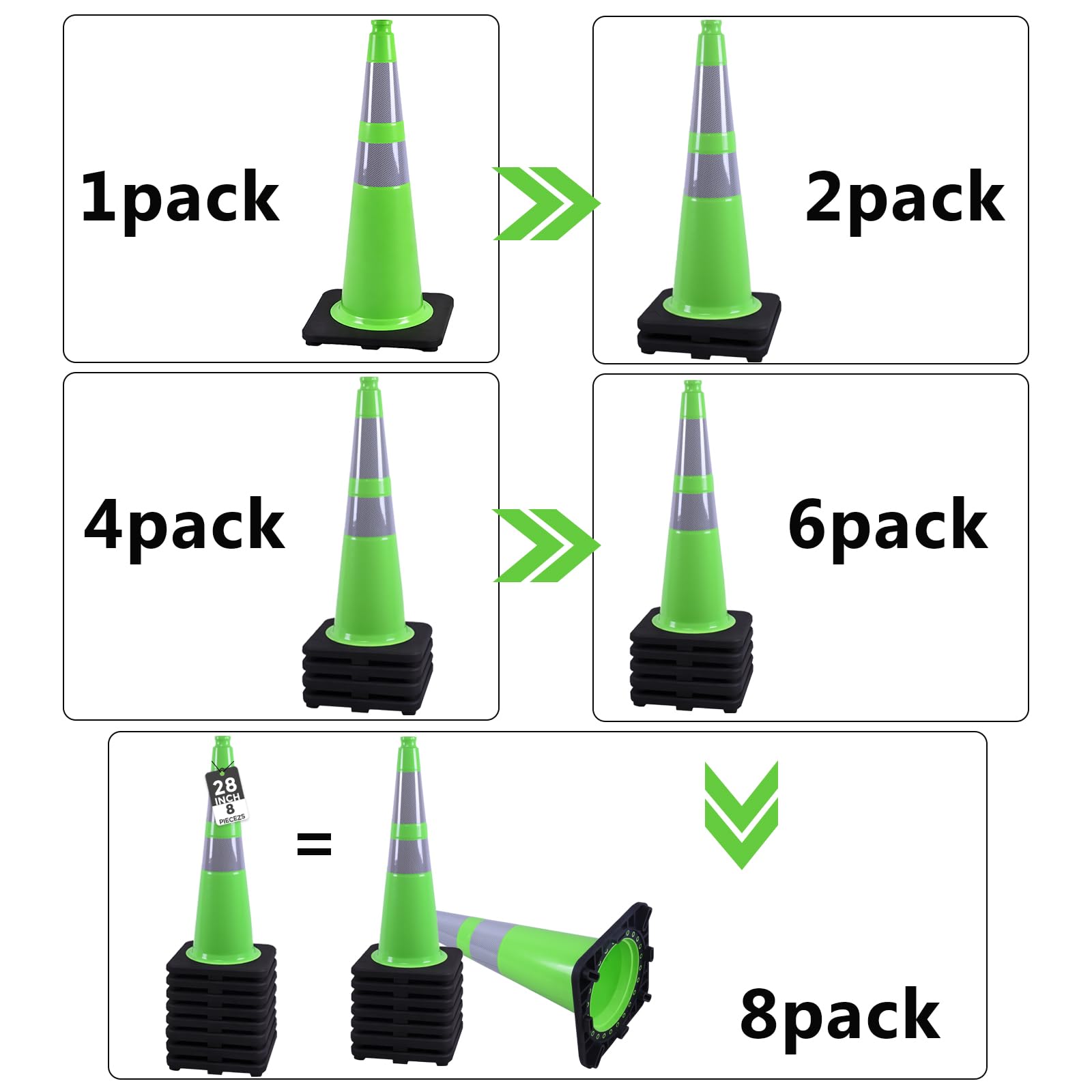 BESEA - Paquete de 8 conos de tráfico verdes de 28 pulgadas con collar reflectante de 6 pulgadas para construcción, calzada, estacionamiento de carretera (8 piezas)