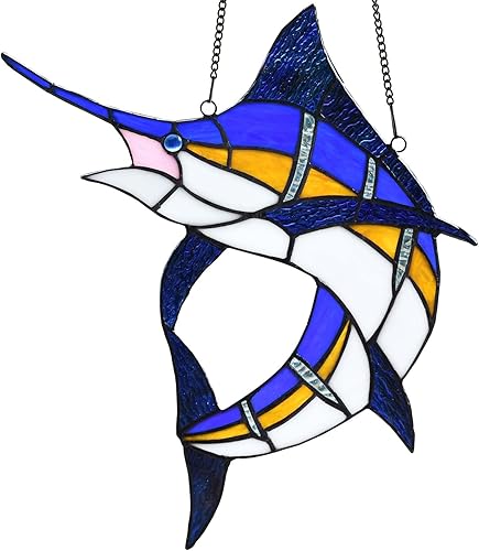 Bieye W10081 Blue Atlantic Marlin Sailfish Tiffany Style - Paneles colgantes para ventana de vitrales, 14.75 pulgadas de ancho x 14 pulgadas de alto