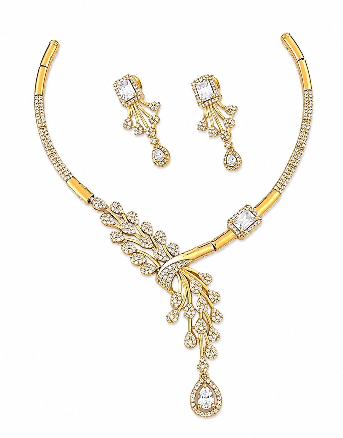 Gold Plated American Diamond Peacock Feather Design Necklace Set for Women | CZ Stone Choker Necklace with Matching Earrings | Bridal Wedding Traditional Party Wearable Jewellery-image-26