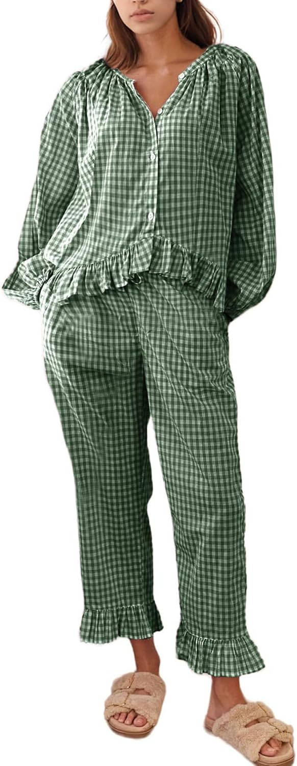 Flygo Womens Plaid Pajamas Sets 2 Piece Cotton Pj Set Puff Sleeve Ruffle Babydoll Shirt Gingham Pants Lounge Sets