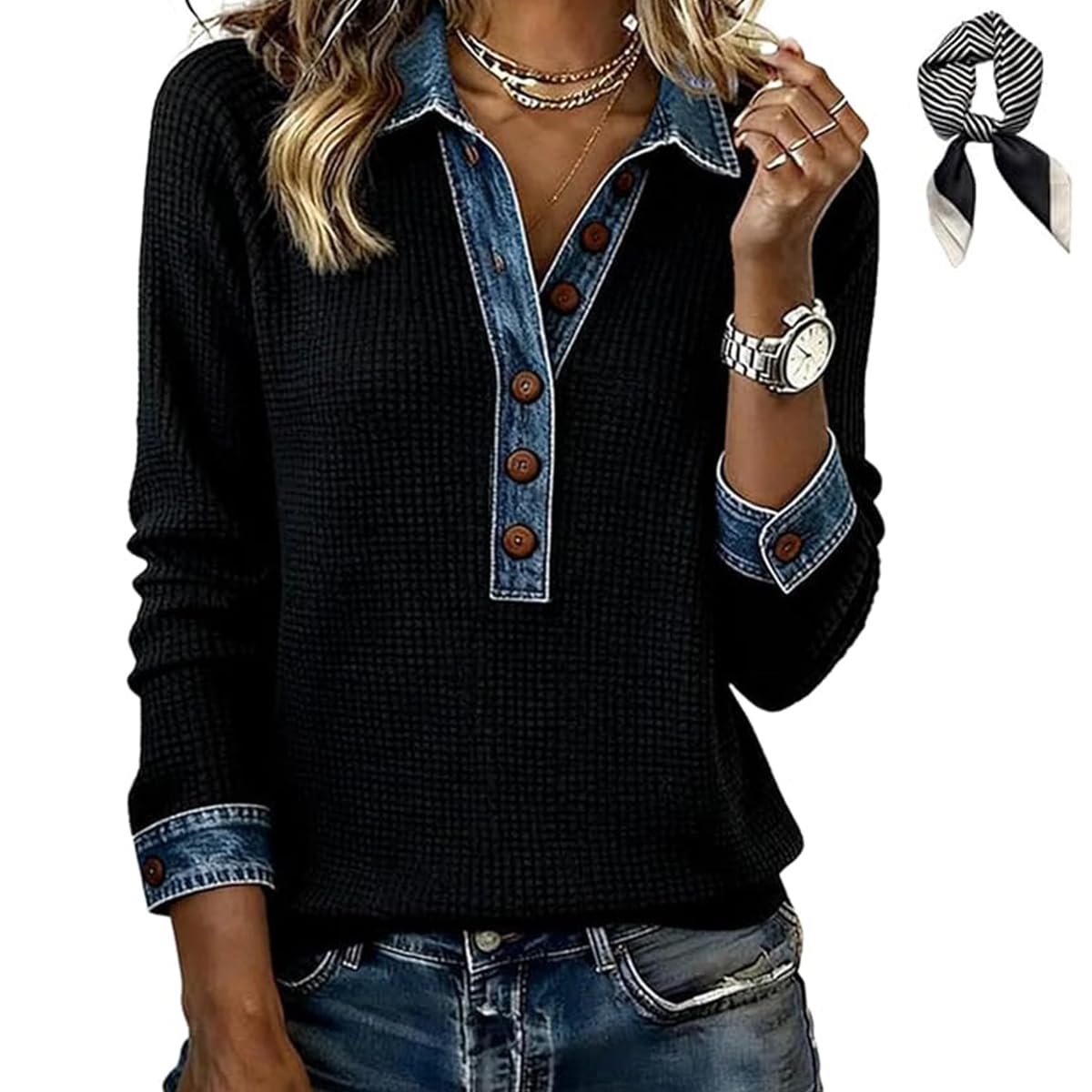 Womens Waffle Knit Top with Denim Collar Cuffs Button up Long Sleeve Casual Pullover V Neck Office Outfits