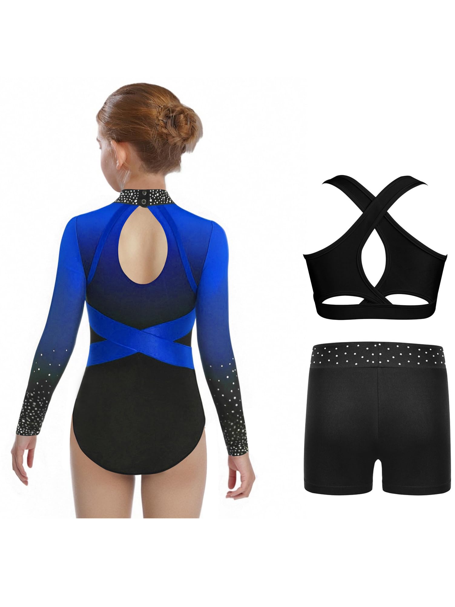 Alvivi Mädchen Turnanzug Glitzer Gymnastikanzug Langarm Ballettanzug mit Shorts Haarband Gymnastik Leotard Wettbewerb Tanzkostüm
