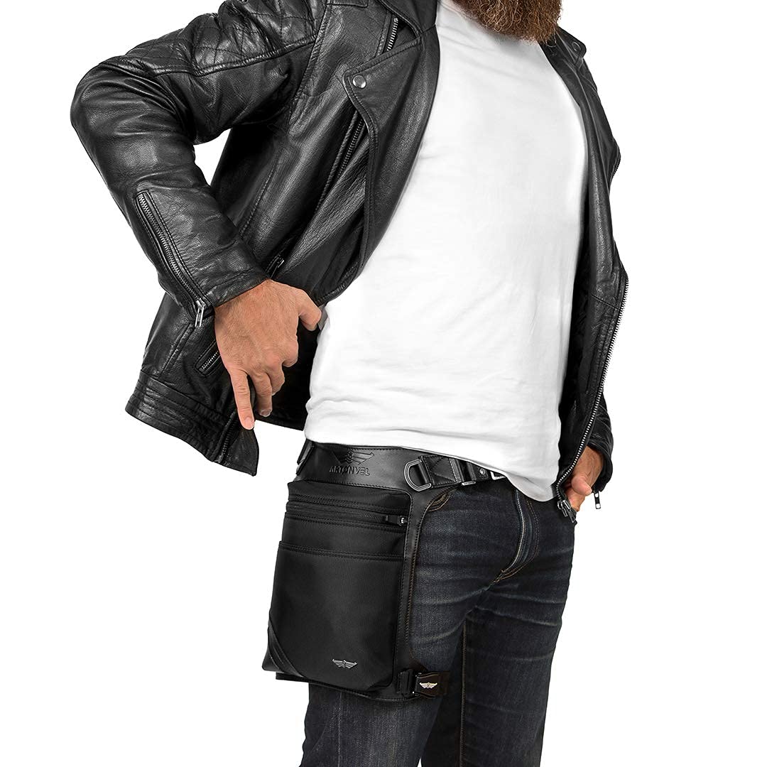 Sacoche de Jambe Moto The Original - Cuir de Vachette Pleine Fleur Vintage & Nylon - Imperméable & Léger - Sacoche Ajustable - Ergonomique - Durable - Garantie 3 Ans (Black)