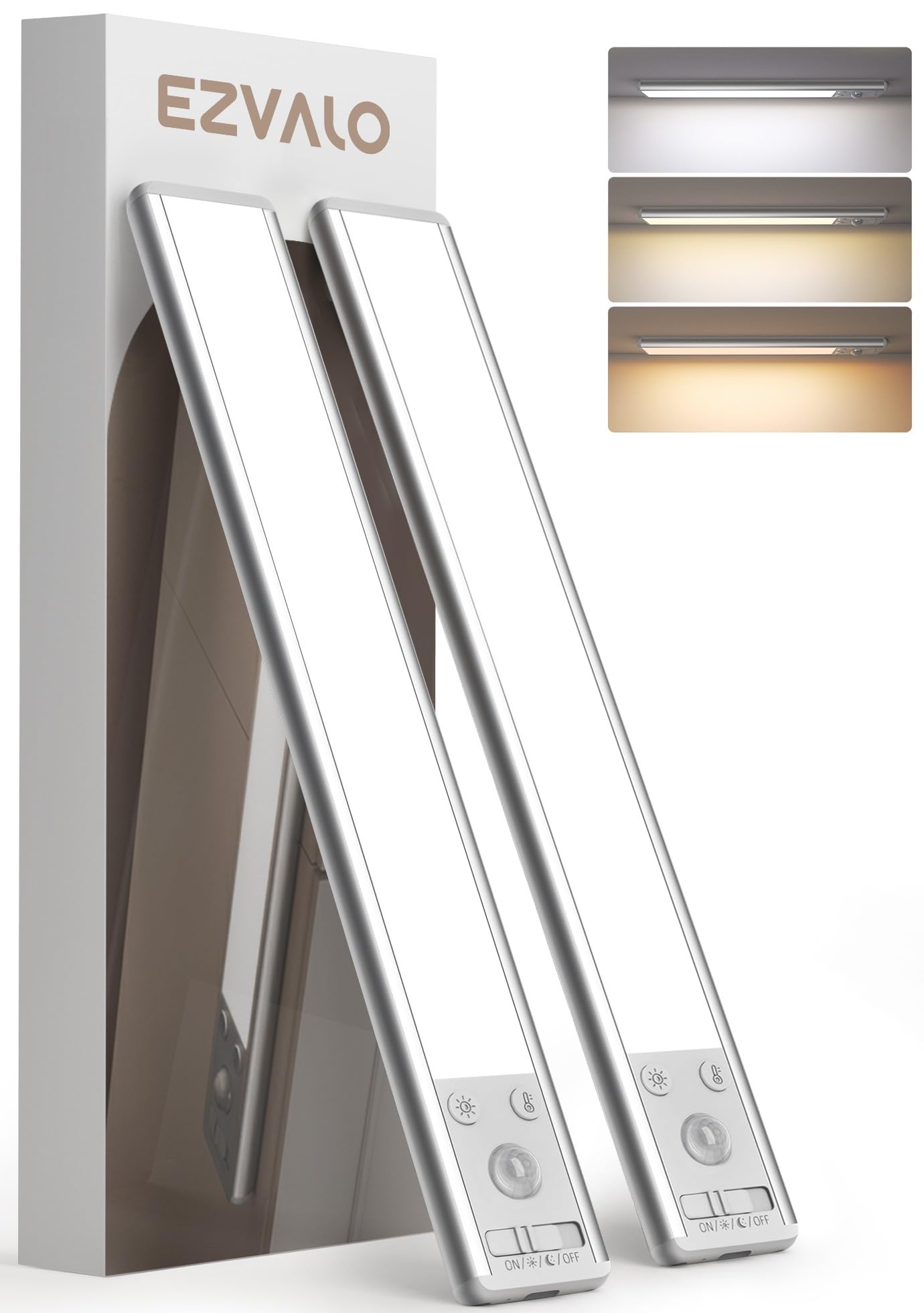 EZVALO Under Cabinet Lighting, 2400mAh Rechargeable Motion Sensor Lights Indoor, 5 Levels Dimmable Magnetic Closet Lights, Wireless Under Counter Lights for Kitchen, Stairs -2 Pack, 3 Color Temps