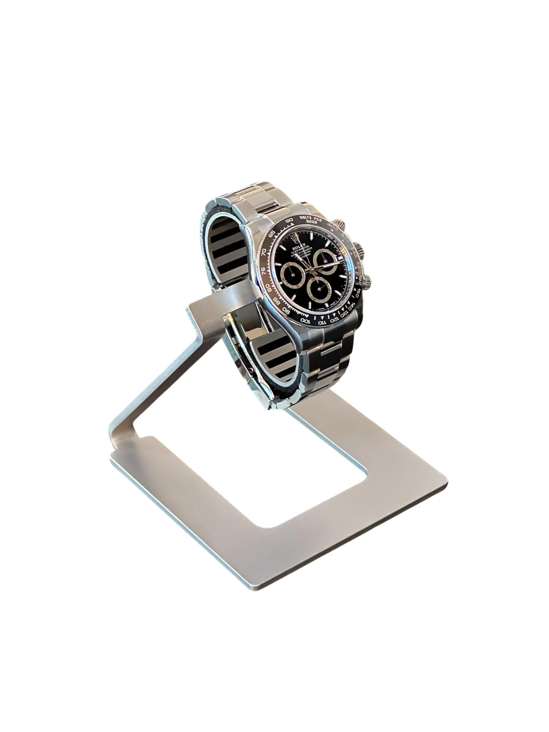 UNO – Soporte para relojes de acero inoxidable | Ajustable, minimalista y elegante | Base de exhibición con cojín de cuero genuino
