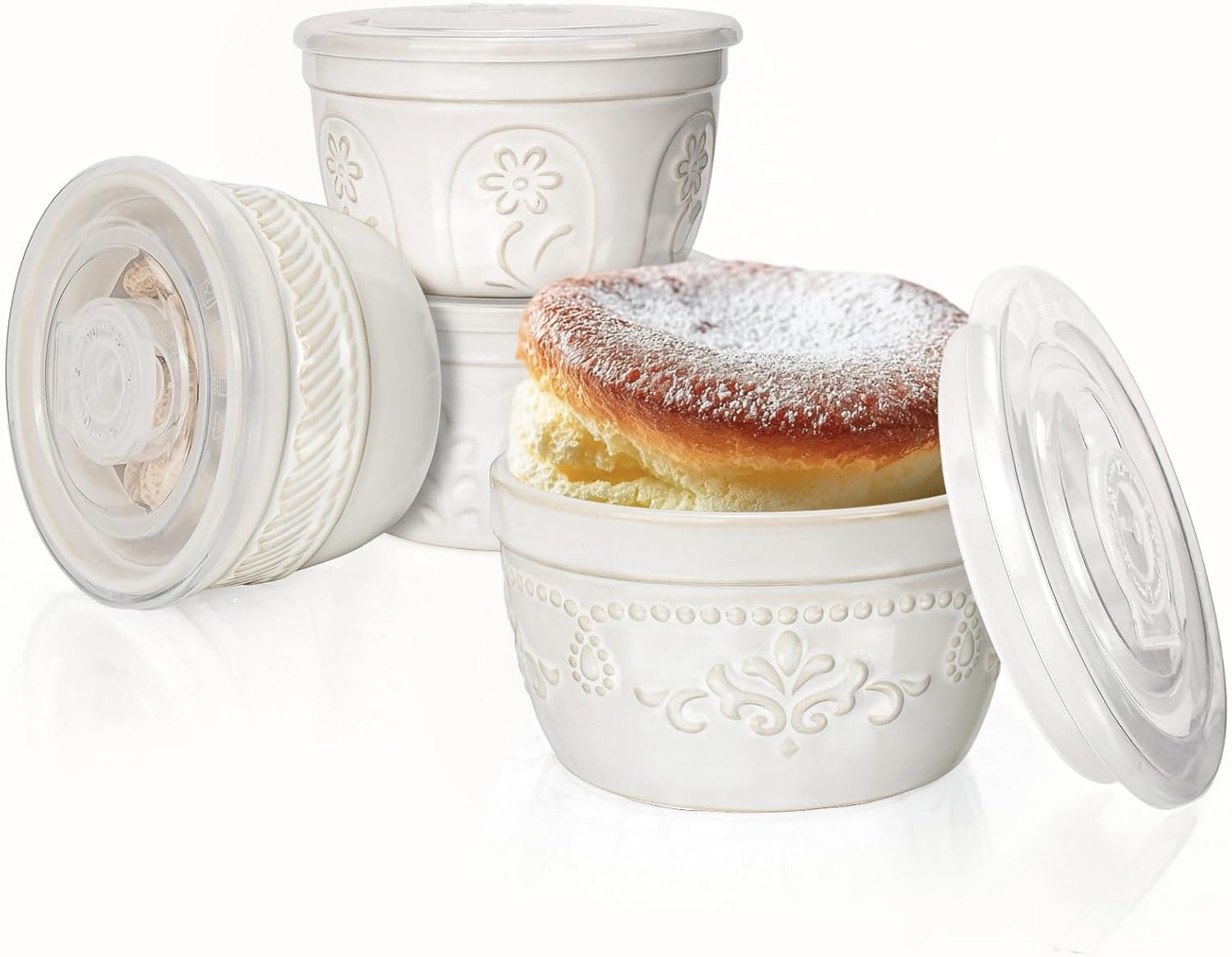 Artena Ramekins with Lids, Creme Brulee Ramekins Oven Safe & Artena Chinese Soup Spoons, Ceramic Asian Spoons