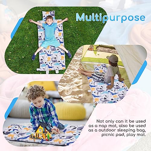 Toddler Nap Mat for Preschool Daycare, Soft Sleeping Mat with Pillow & Fleece Minky Blanket, Portable Sleeping Bag Converts to Backpack, Slumber Bags Back to School Supplies, 22" x 52", Ages 3-7 years - Thumbnail 5