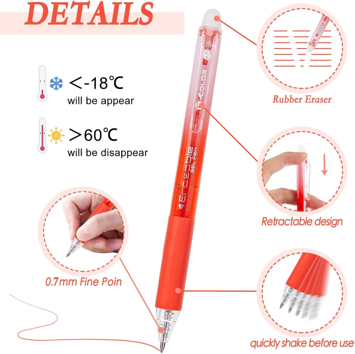 12Pcs Multicolor Erasable Gel Pens, Retractable Colored Fine Point 0.7 mm, Quick-Drying, Comfort Grip Writing Pens for School, Office, Exams (12) - Image 4