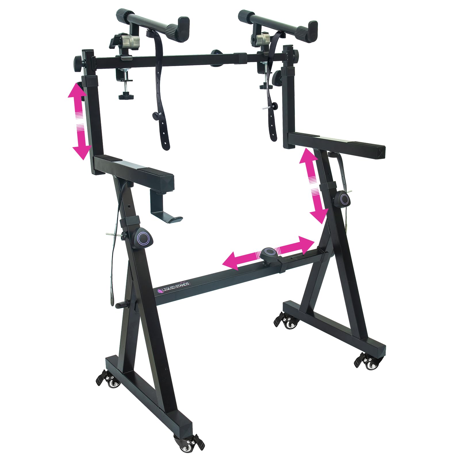 Liquid Stands Dual Piano Keyboard Stand w/ Wheels and 2nd Tier - Rolling Z Style Adjustable, Portable 2 Tier Heavy Duty Music Stand for Synths and Electric Digital Keyboards - Fits 54 61 88 Key Pianos