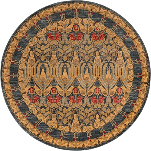 Image of Unique Loom Edinburgh Collection Area Rug - Canmore (7' 10 inch Round, Navy Blue / Tan)