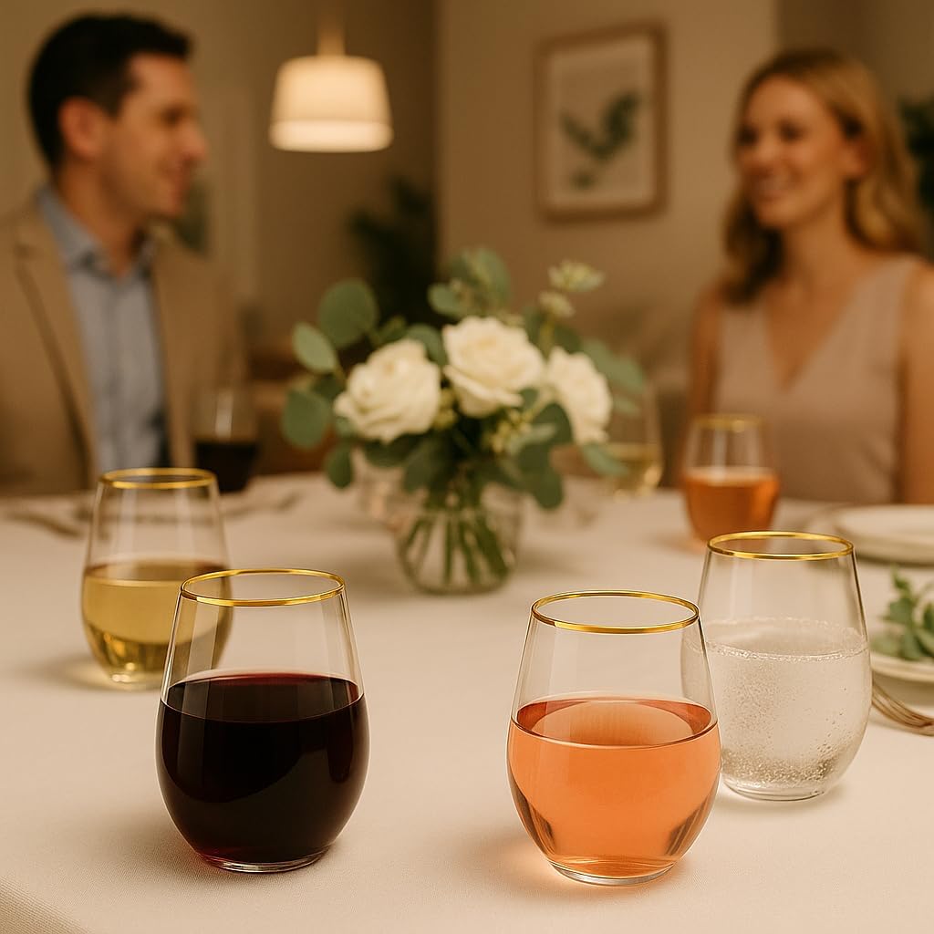 Oojami 36 Pack Disposable Wine Glasses 12oz Stemless Plastic Gold Rim - Crystal Clear Unbreakable for Wedding, Party, Birthday & Events - Image 4