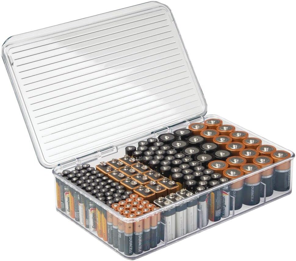 mDesign Plastic Stackable Divided Battery Storage Organizer Box Bin with Hinged Lid for AA, AAA, C, 9 Volt Sizes - Great Storage for Kitchens, Home Offices, and Utility Rooms - 5 Compartments - Clear