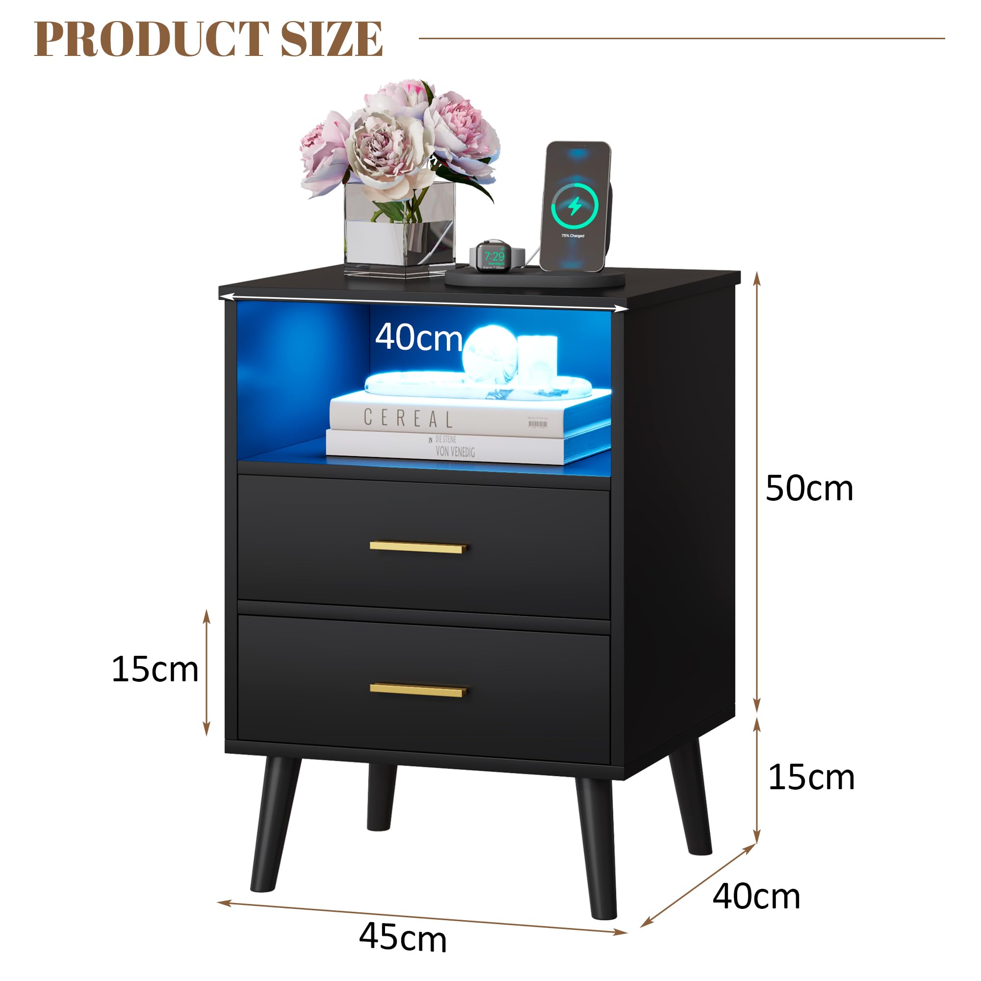 Vlsrka LED Comodino con Cassetto Nascosto, Comodino con Funzione di ricarica, Comodini moderni con 3 Cassetti, Comodini in Legno Camera da letto, Ricarica Wireless, Luci 3 colori, Nero