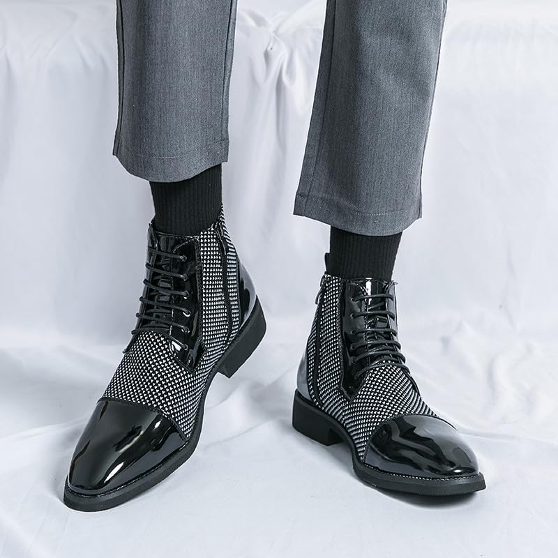 Santimon Men's Patent Leather Lace-Up Oxford Boots Houndstooth Print Zipper Dress Tuxedo Ankle Motorcycle Boots4