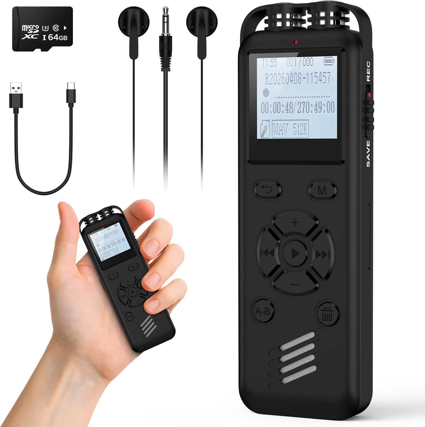 64GB Digital Voice Recorder with Playback,Audio Recording Device,Voice Activated Recorder with Noise Reduction,A-B Repeat,Mp3 Player and Password for Lectures Meeting/Classes/Interviews