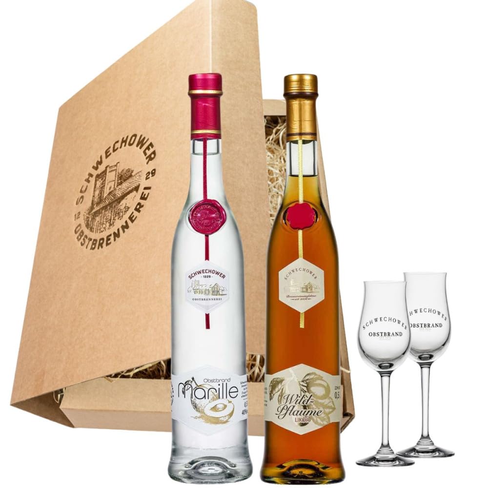 Schnapsgeschenk Nr. 15251 | Obstbrand Marille 0.5l (40% Vol) + Wildpflaume Likör 0.5l (22% Vol) + 2 Gläser in Geschenkkarton mit Goldprägung | Schwechower Brennerei (1229)