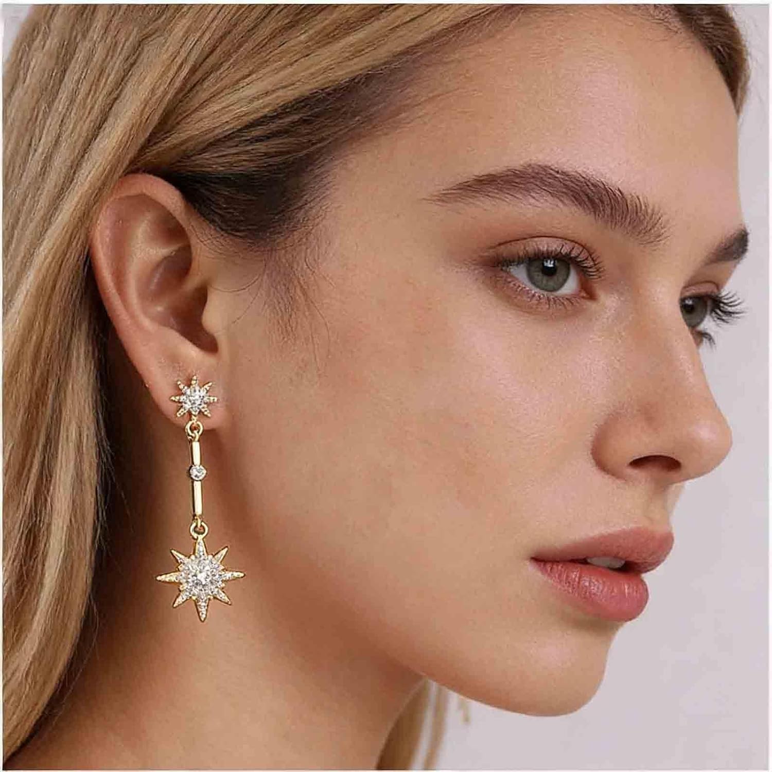 Boho Crystal North Star Earrings Gold Cz Star Drop Earrings Long Northstar Dangle Earrings Rhinestone Starburst Earring Jewelry for Women - Image 2