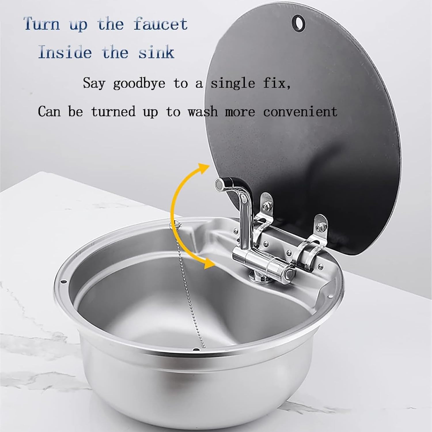 Fregadero de acero inoxidable para caravana, lavabo redondo con grifo plegable y tapa, para cámper, caravana, bar húmedo, cafeterías
