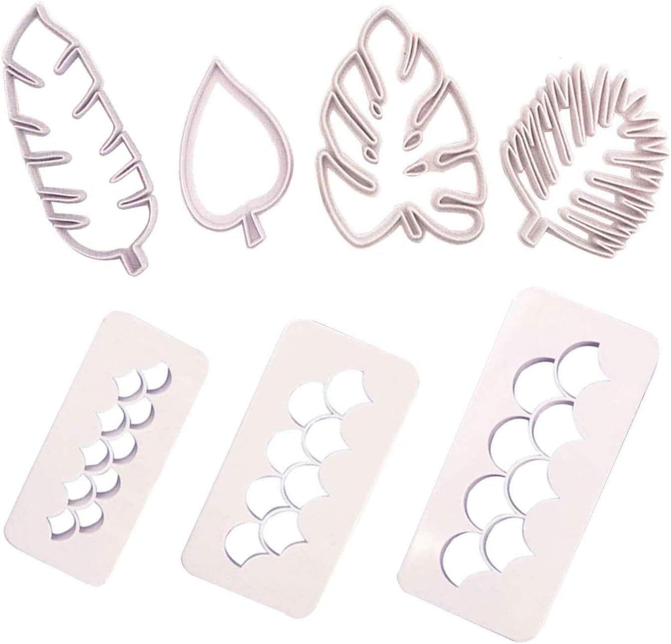 7 Pack Cake Fondant Embossing Mold Mermaid Scales Tropical Leaf Cookie Cutters Biscuit Moulds for Sugarcraft Fondant Baking Mold Cupcake Decorating