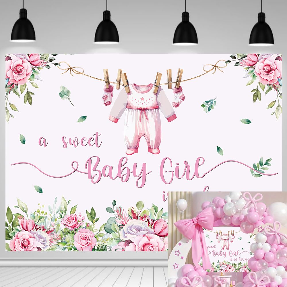 Telón de fondo rosa para baby shower de 8 x 6 pies, con texto en inglés "A Sweet Baby Girl is on Her Way", decoración de fiesta de cumpleaños para recién nacidos, fondo de fotografía para