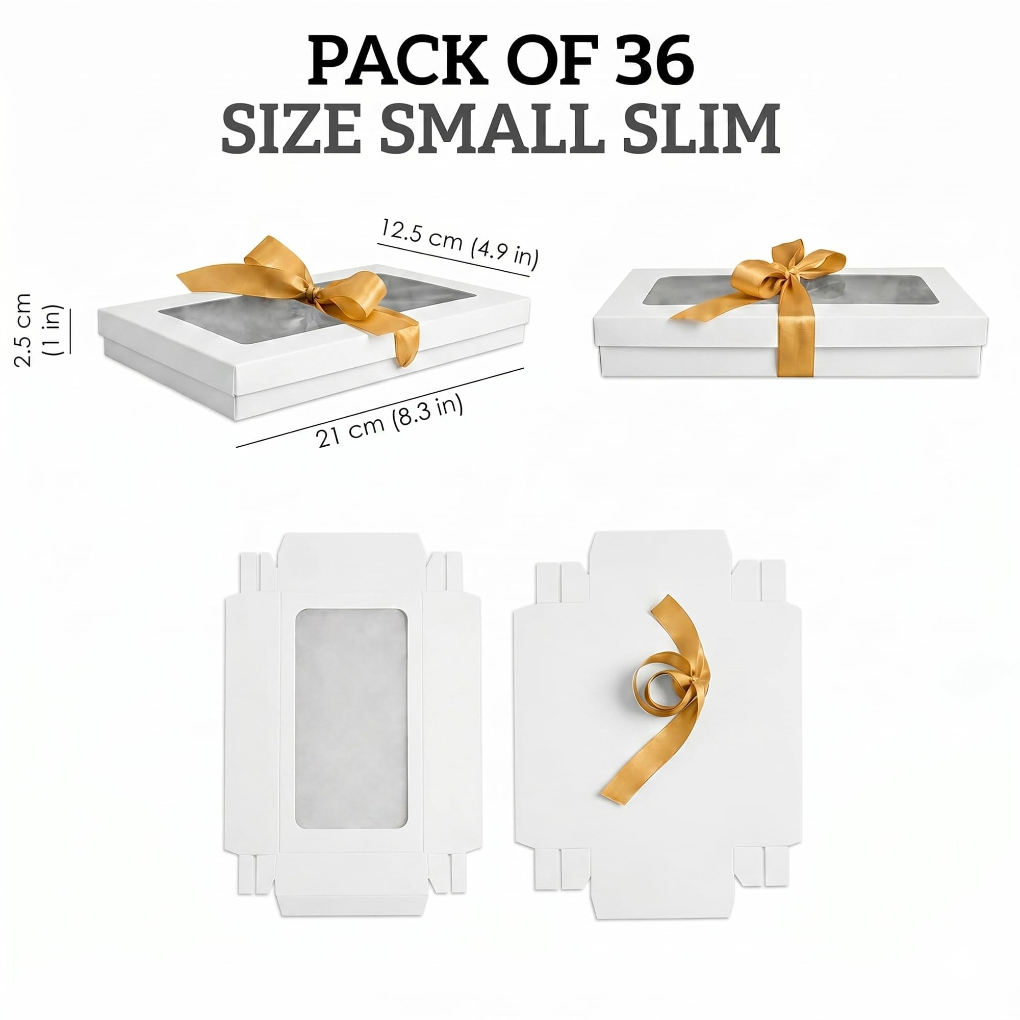 Emartbuy 36 Stück weiße Geschenkboxen Klarsichtfenster klein schmal 21x12,5x2,5cm | Mit goldfarbenem Satinband, recycelbare Kraft-Geschenkbox für Geschenkkörbe, Leckereien, Hochzeiten und Gastgeschenke