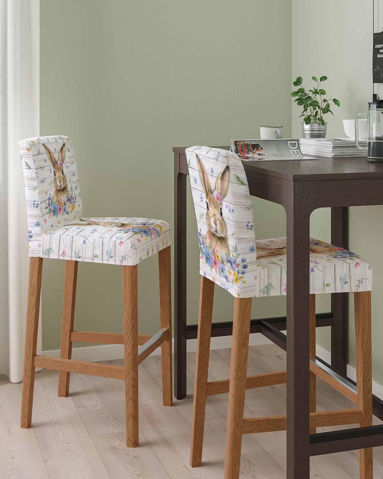 PIEPLE Spring Summer Bar Stool Cover Set of 4, Stretch Removable Bar Stool Chair Covers with Backs Pub Counter Stool Chair Slipcover for Dining Room Cafe Easter Bunny Farmhouse Woodgrain Flower