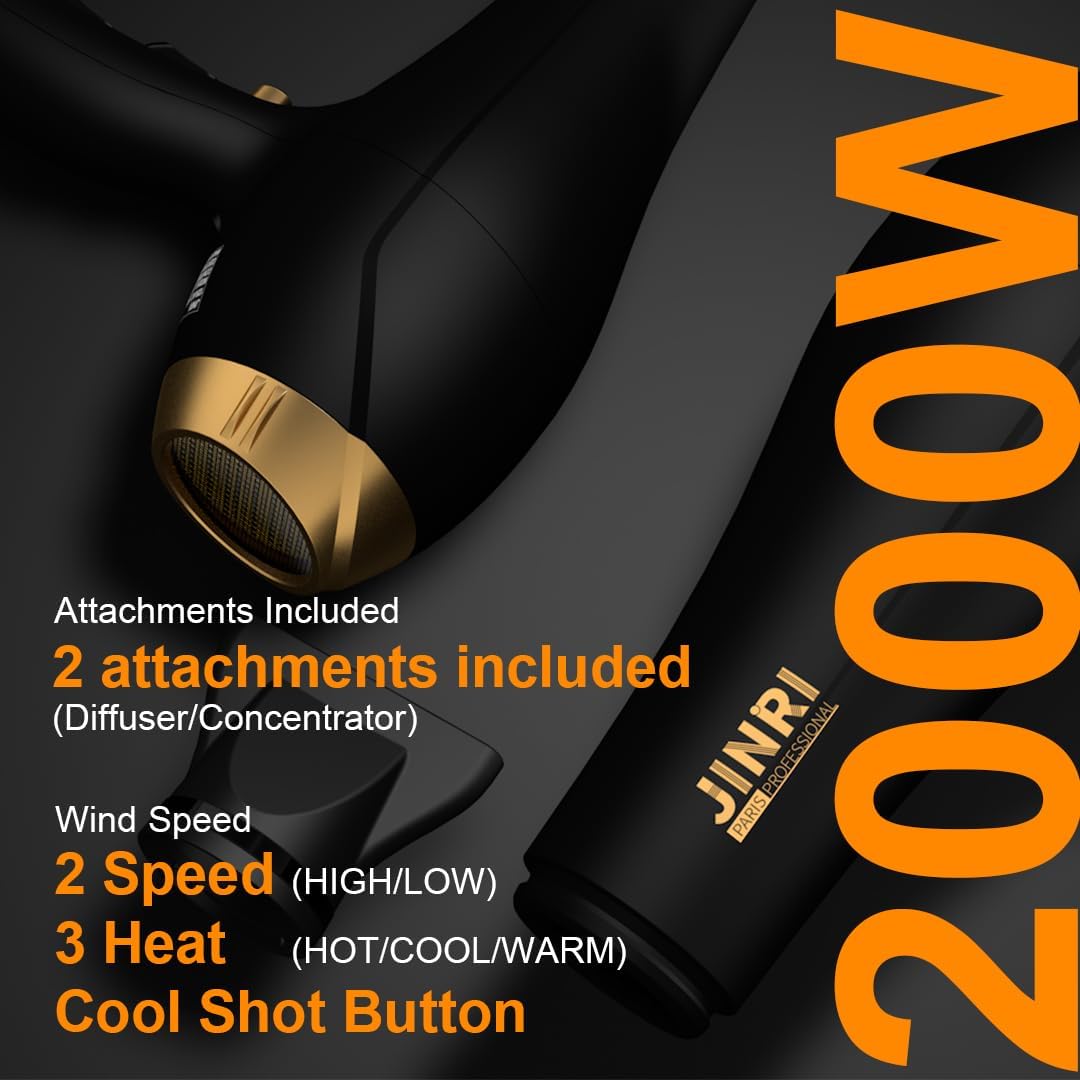 Hair Dryer - JINRI 2000W Diffuser Blow Dryer for Salon & Personal Use – Powerful, Fast Drying with Diffuser & Nozzle for Women & Men, ALCI Safety Plug, Black