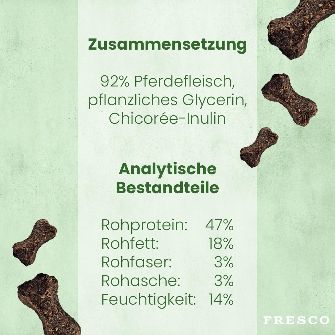 FRESCO Dog Martin Rütter Trainingsknöchelchen Pferd 1kg | Hundeleckerli getreidefrei & zuckerfrei mit 92% Frischfleisch | Fettarme Pferdeleckerlis hypoallergen fürs Hundetraining