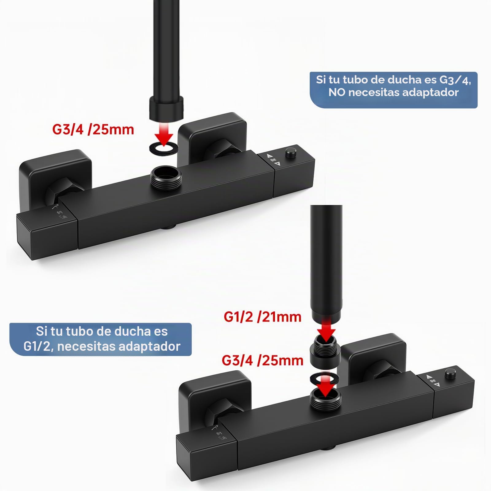 Ronvie Barra termostática de ducha - Válvula de latón montada en pared de dos salidas, cerradura de seguridad de 38 °C y superficie táctil fría con tapa G de 3/4" y conectores BSP de 1/2" G-inferior