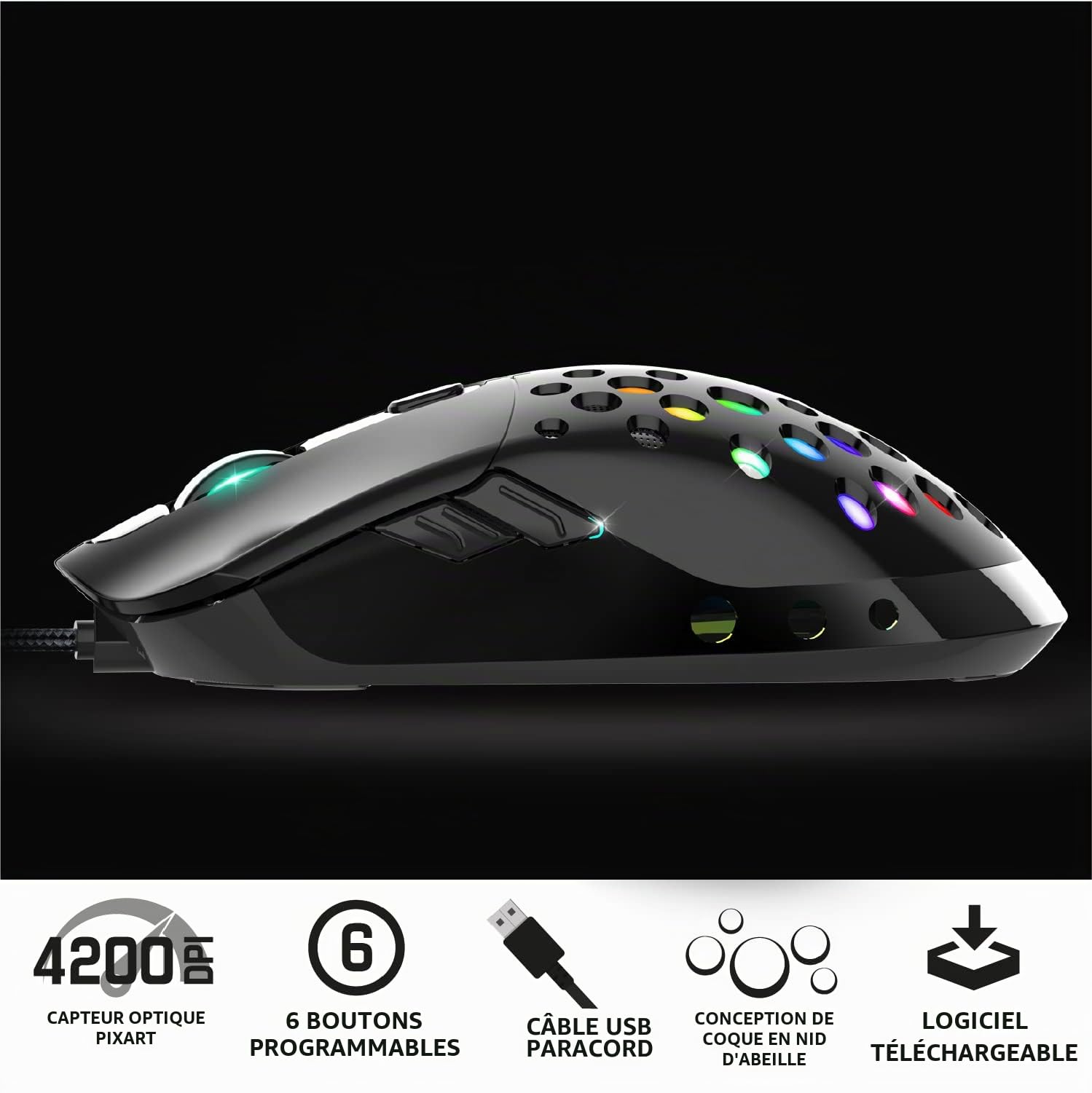 Spirit Of Gamer - ELITE M80 - Souris Gaming RGB ultra-légère - Câble flexible - Capteur optique 4200 DPI - 6 boutons programmables - Coque perforée en nid d'abeille noir - Poids : 68 g