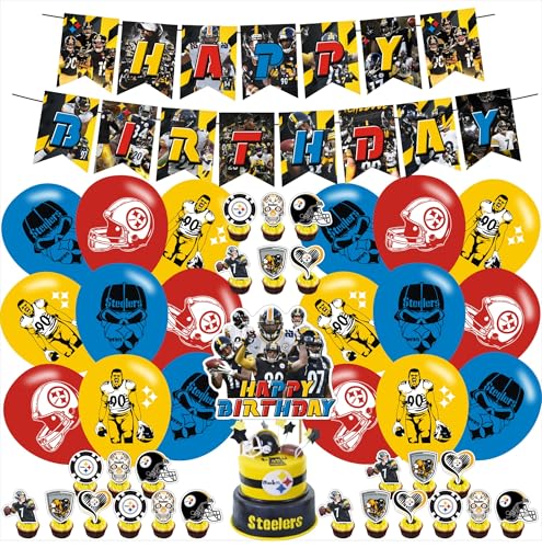 Steelers of Pittsburgh Football Theme Party Supplies Including Steelers of Pittsburgh Soccer Birthday Bannner Cake Copper Ballon Party Cupcake Topper Suitable for Steelers Team Birthday Party Favor