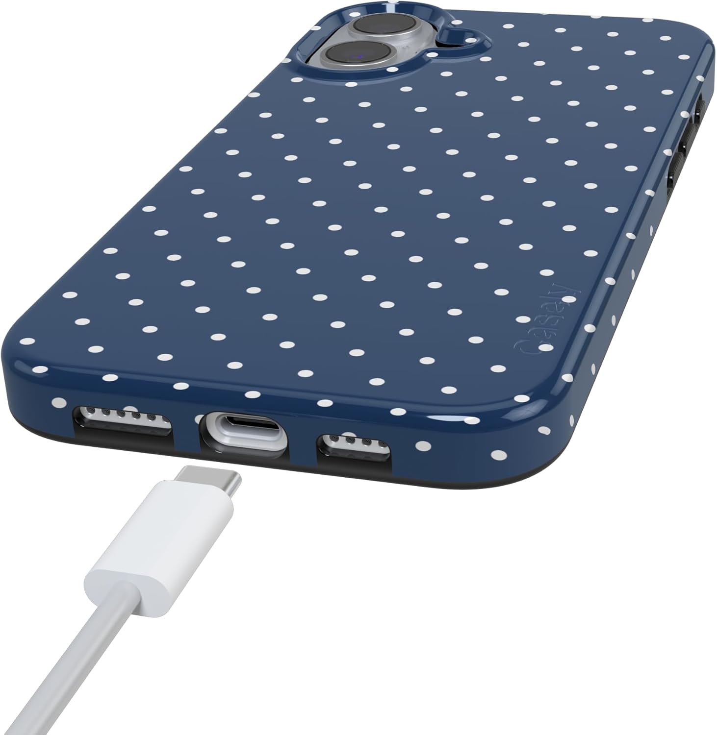Casely iPhone 16 Case | On the Dot | Navy Polka Dot | Compatible with MagSafe | Classic Ultra Slim Design