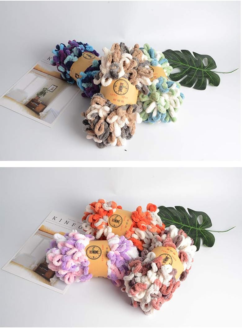 Chunky Blanket Yarn Chenille Finger Loop Yarn for Hand Knitting Blankets (Ivory&Coral&Coffee)