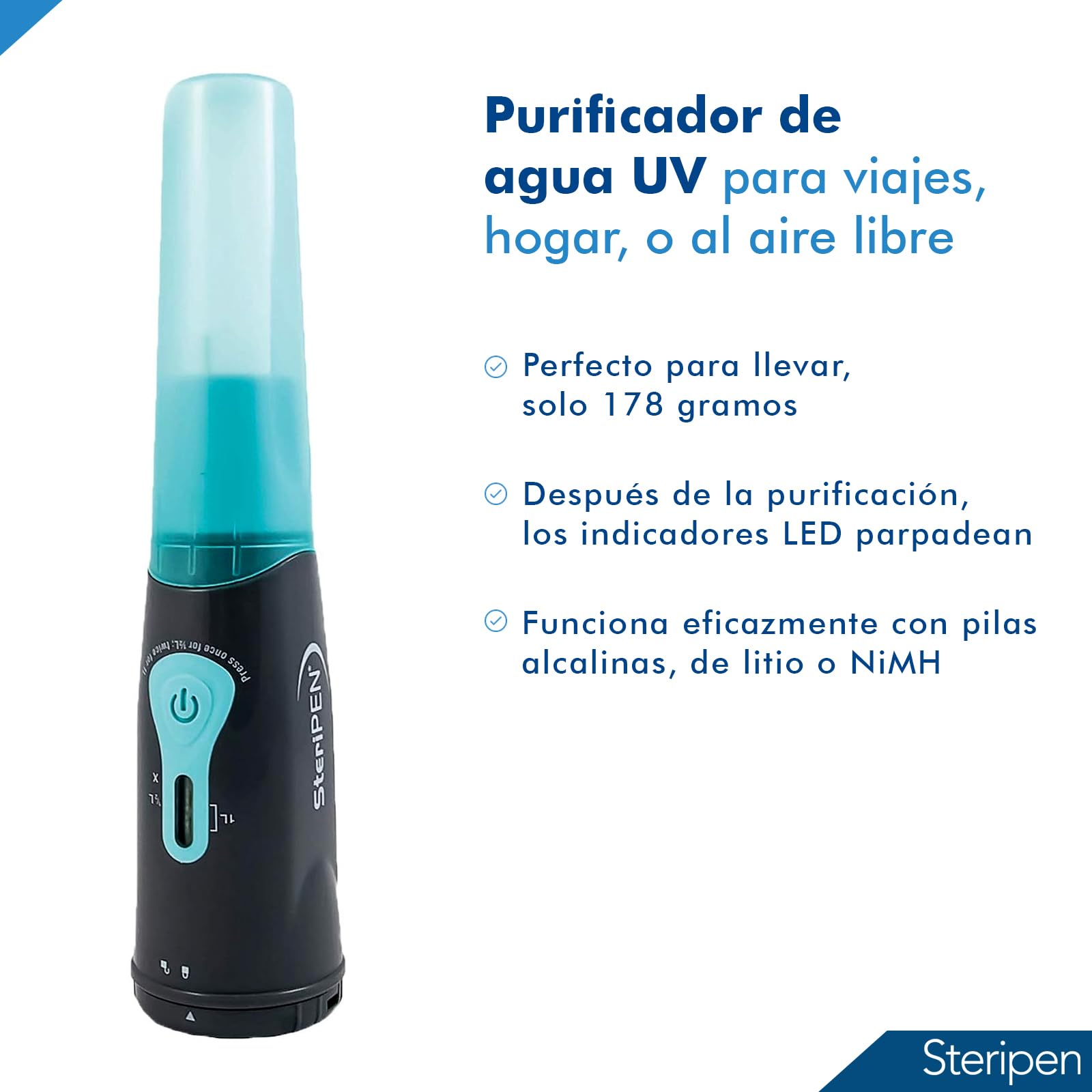 Purificador de agua SteriPen Aqua UV - Ideal para viajes y aventuras al aire libre - Elimina el 99,9% de virus, bacterias y protozoos en 90 segundos, de forma segura y sin productos químicos.