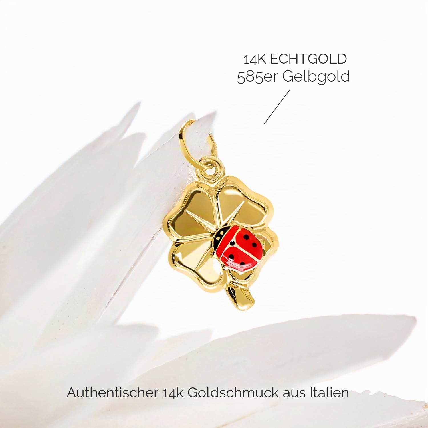Lucchetta – Bring Glück mit unserem vierblättrigen Kleeblatt-Anhänger mit Marienkäfer Glücksbringer aus 14 Karat Gelbgold – für alle Armbänder und Ketten (bis zu 4 mm Dicke)