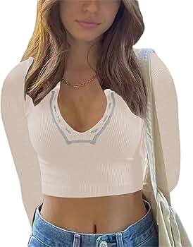 Women Long Sleeve Crop Tops Tee Shirts Solid Color Vintage V Neck