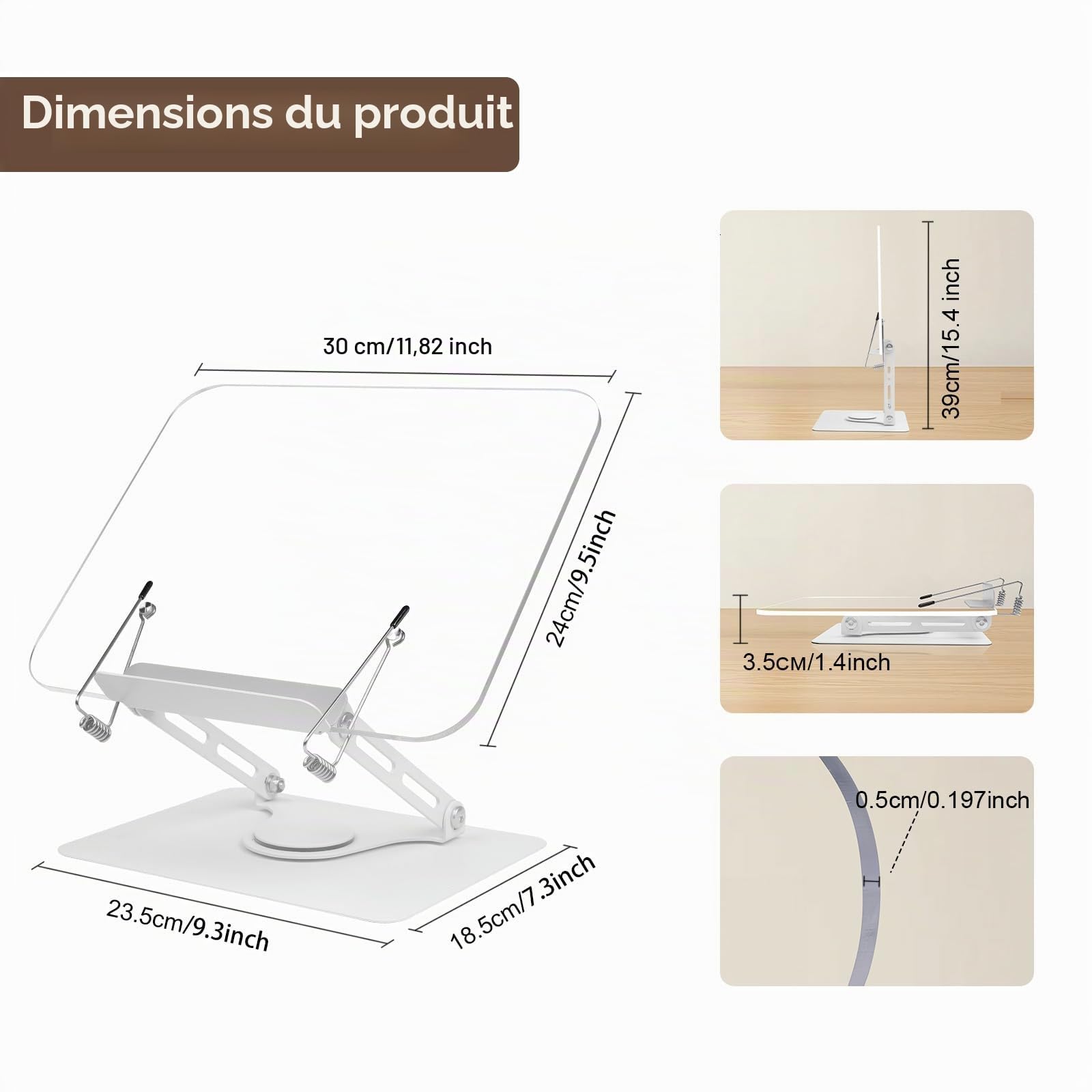 Support Livre Lecture Rotatif 360°, Réglable et Pliable Acrylique