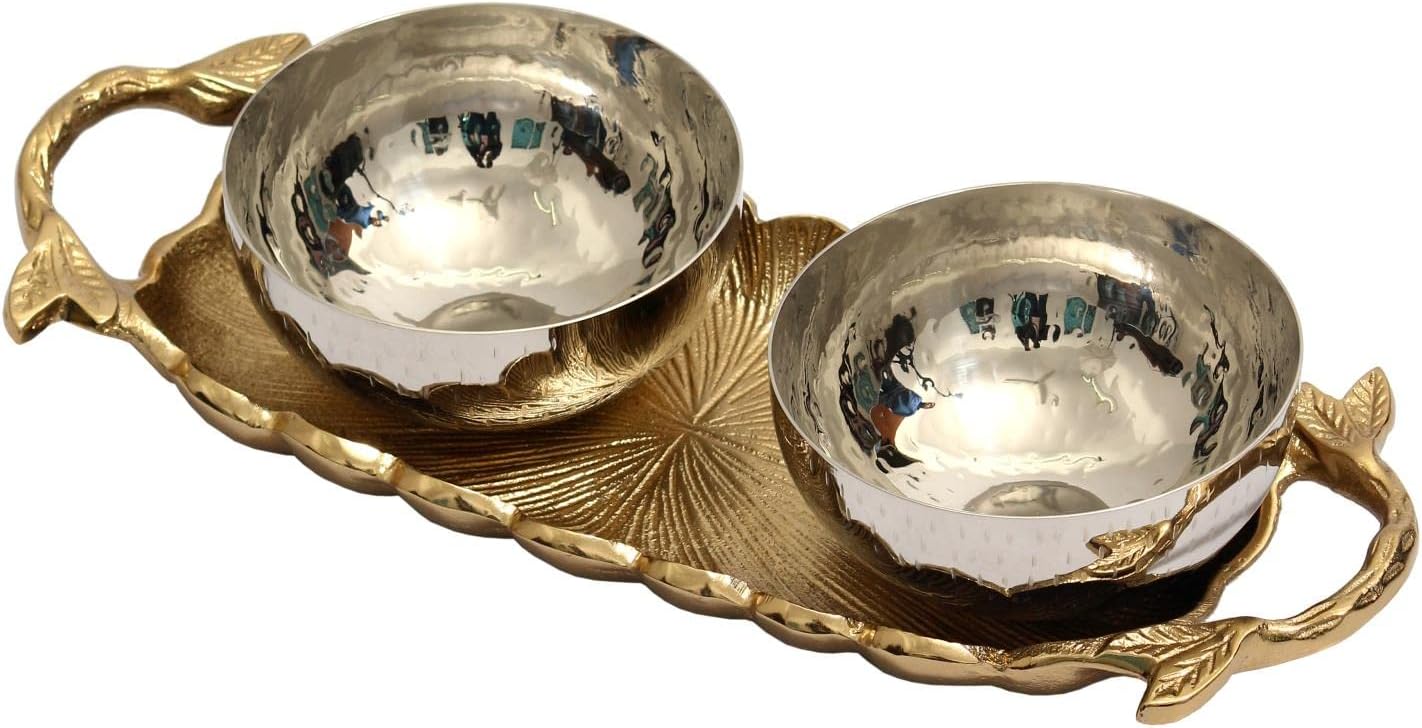 IHI EST. 1986 India Handicrafts Leaf Gold Tone 12 inch Metal Tray With Bowls 3 Piece Set