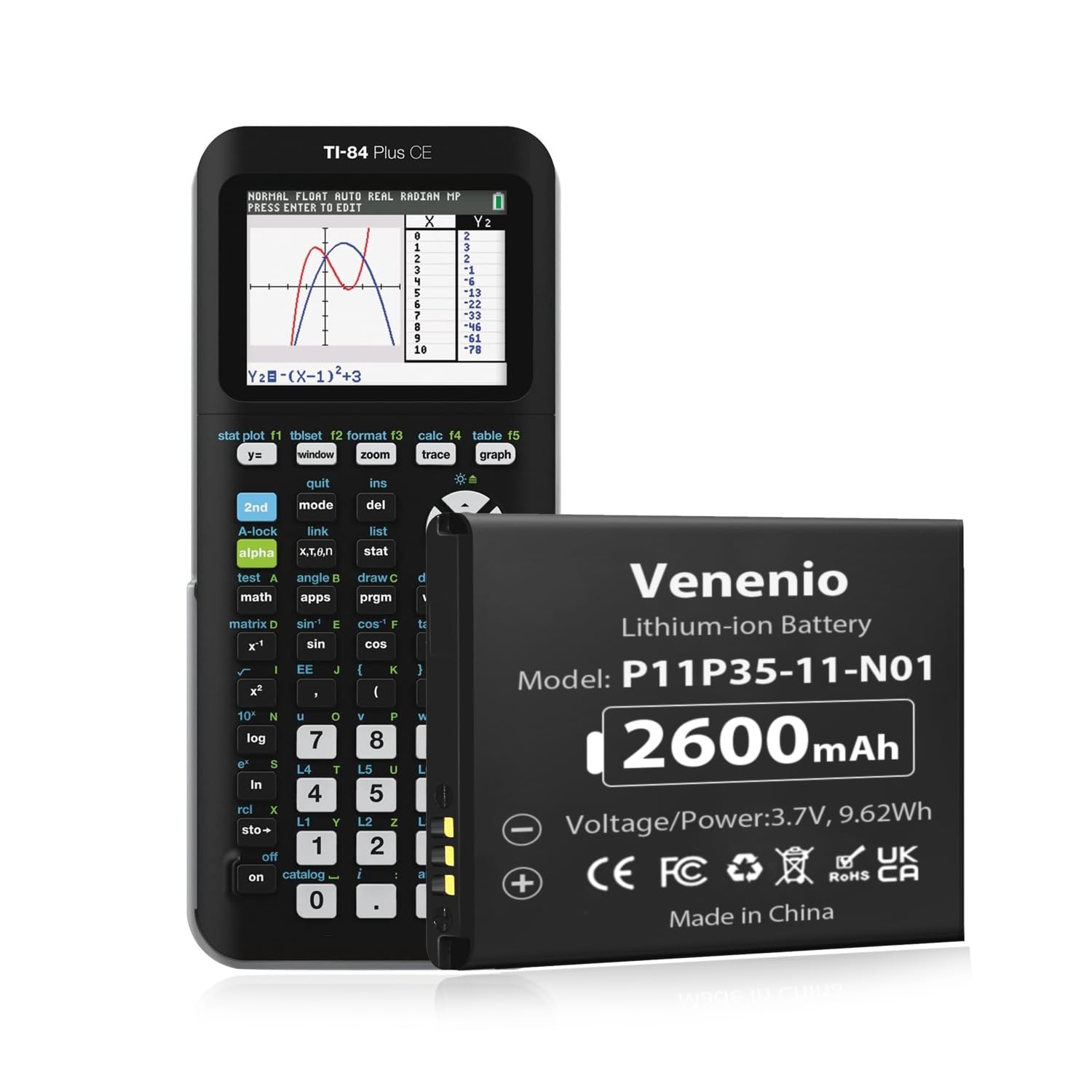 Venenio [2600mAh] Battery for Texas Instruments TI-84 CE/TI-84 Plus CE P11P35-11-N01 High Capacity Replacement Battery Part No 3.7L12005SPA 3.7V