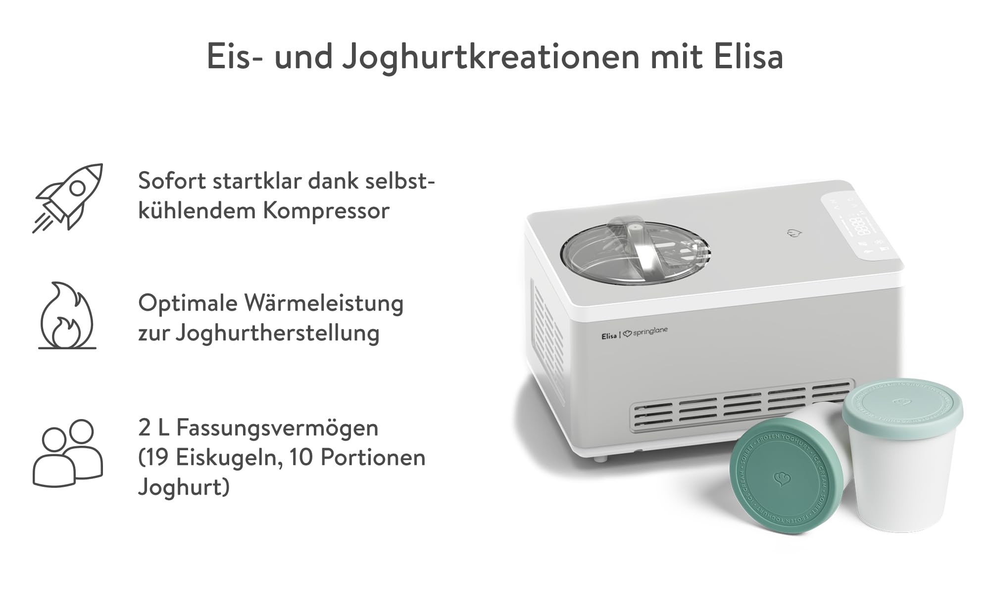 SPRINGLANE Eismaschine & Joghurtbereiter Elisa 2,0 L mit selbstkühlendem Kompressor 220 W, aus Edelstahl mit Kühl- und Heizfunktion (Elisa Silber, Eismaschine + 2 Eisbehälter Mint)