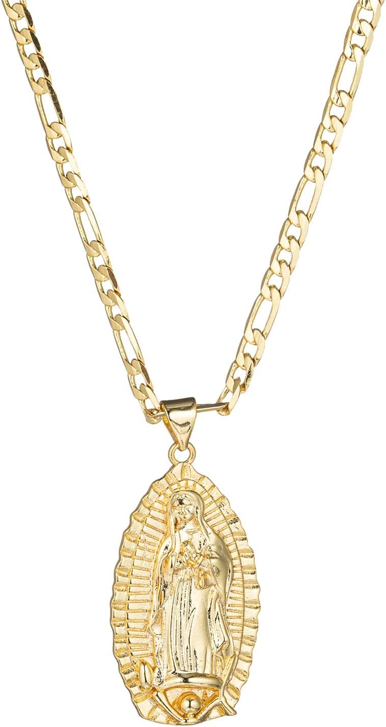 14K Gold Plated Guadalupe Virgin Mary Oval Pendant Necklace for Women Men 3mm Flat Figaro Chain Necklace 18/22 inches