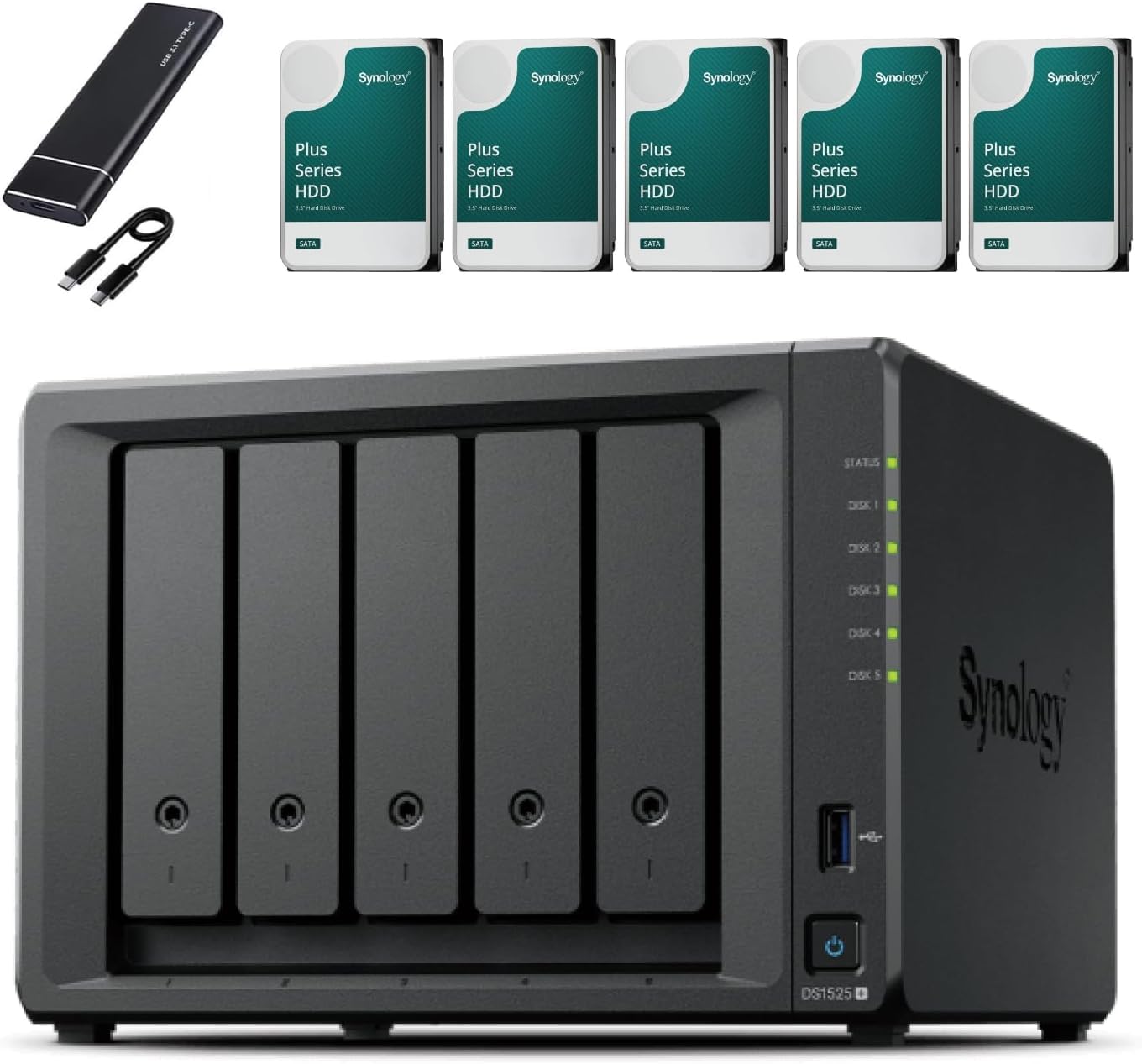 Synology DS1525+ - Set server NAS a 5 bay (8 GB RAM, 10 TB di memoria), 5 dischi rigidi NAS da 2 TB, dispositivo di archiviazione di rete desktop ad alte prestazioni, con SSD esterno