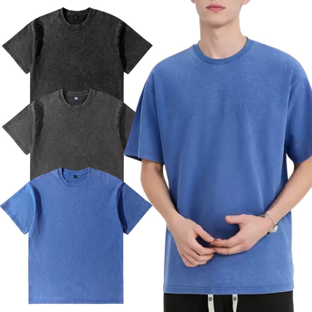 Herren Oversized T-Shirt 3er Pack Herren Basic Baumwolle T-Shirt Sommer Retro Washed Top Unisex Mode Hip Hop Vintage Casual Tee Shirts