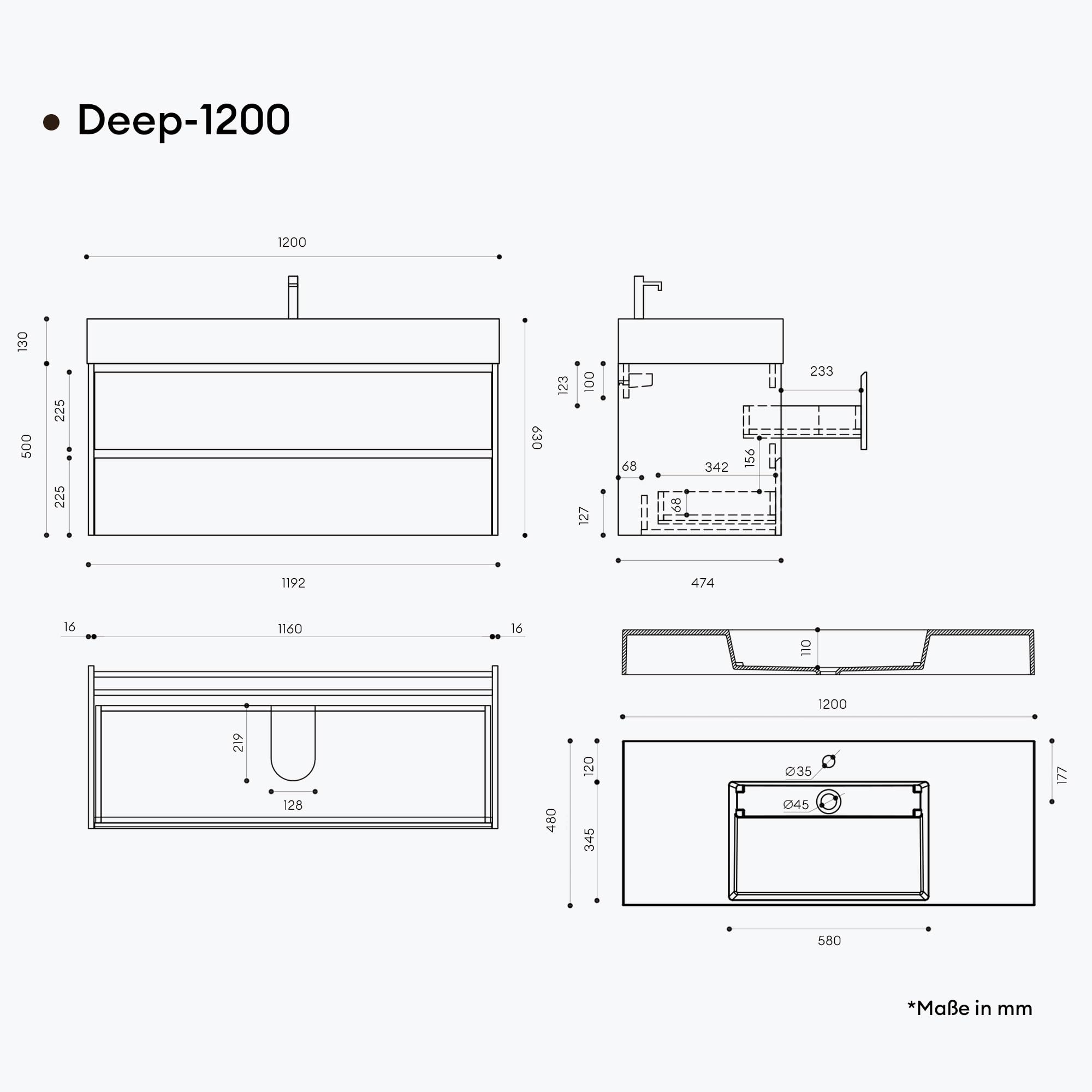 Mai & Mai Waschtisch Waschbeckenunterschrank inkl. Waschbecken | Badmöbel set, Badmöbel set, 120x48x63cm, in Anthrazit matt, mit 2-Schubladen, in Anthrazit, Deep