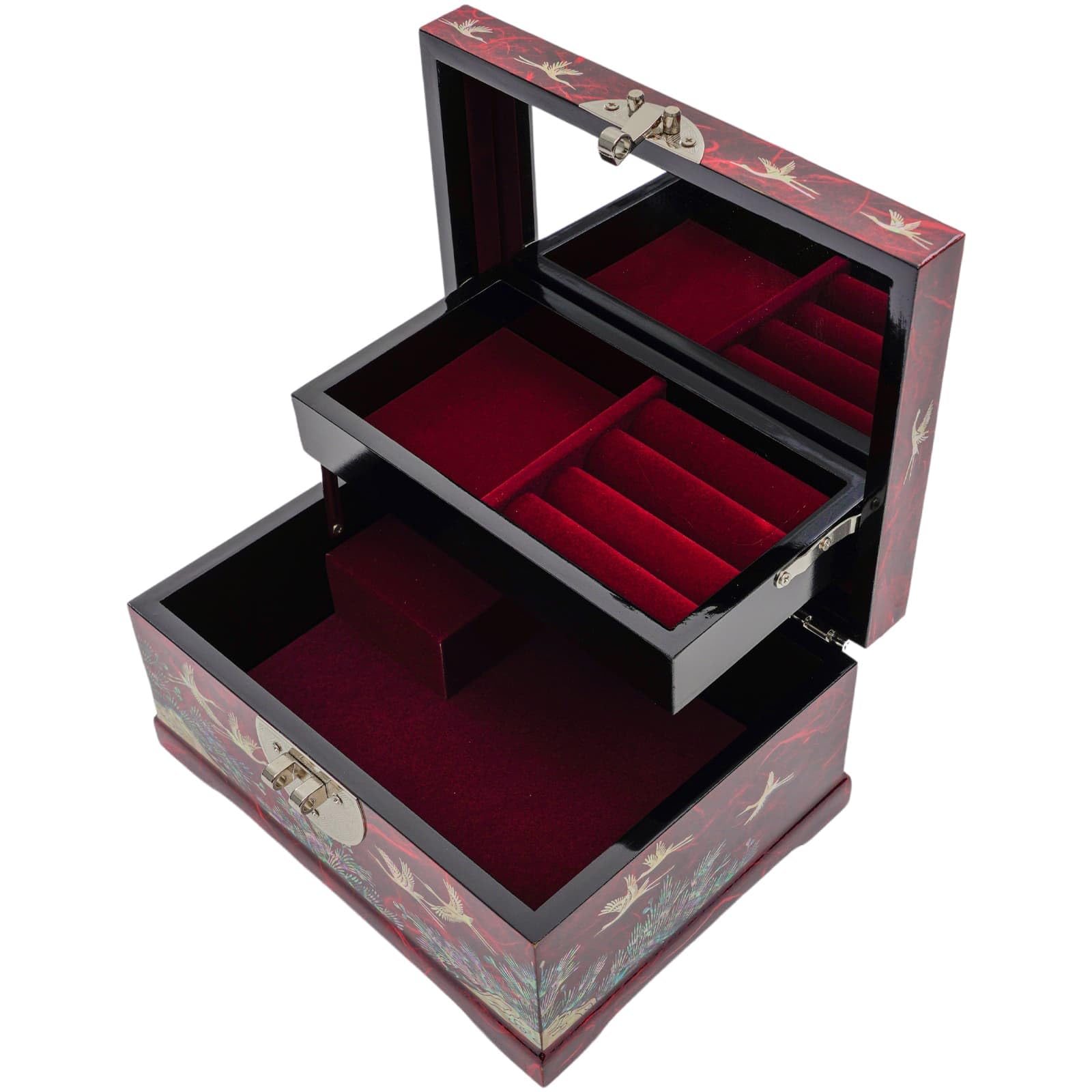 February Mountain Boîte à bijoux à musique en nacre coréenne – Grue et motif floral fabriquée à la main, joue Arirang – Cadeaux uniques pour maman, sœur, épouse et grand-mère (rouge)