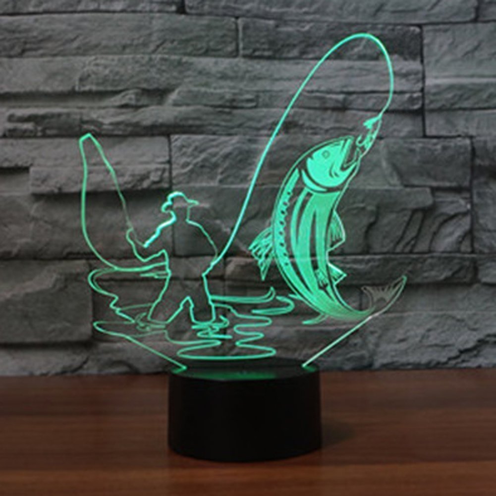 3D Fishing Night Light - 16 Color Changing LED Desk Lamp, USB Powered, Remote Control, Kids Room Decor