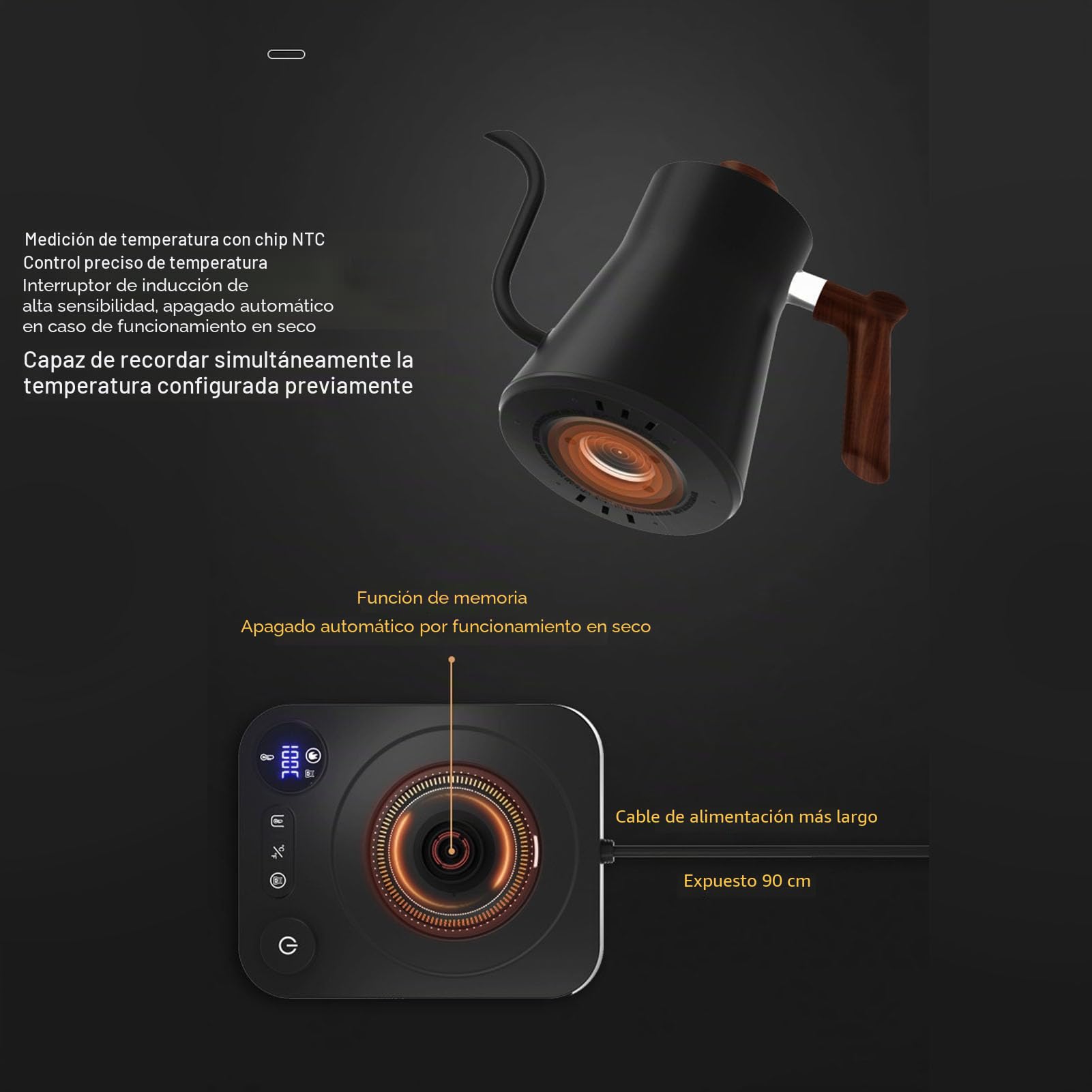 Hervidor Eléctrico Cuello de Cisne 1200W - Control de Temperatura Preciso, Temporizador LCD y Diseño Ergonómico para Uso Fácil, Rápido y Seguro